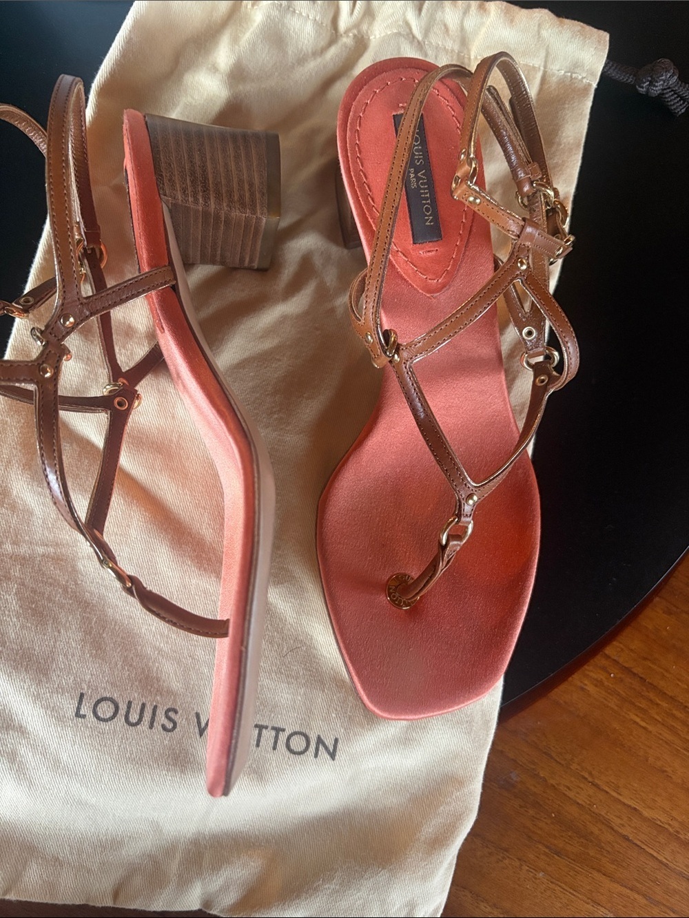Louis Vuitton Coral and Tan T-Strap Sandals with Gold Hardware - Picture 11 of 12